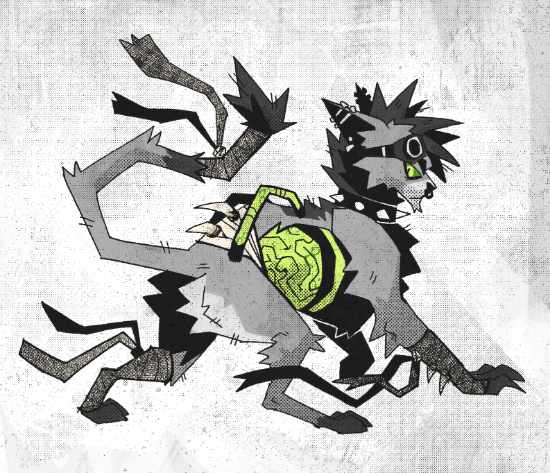 An illustration of a feline character. They are adorn with spikes, wraps, goggles, piercings, and other accessories and cybernetics. Their torso has a window where their neon green, cartoonish guts are visible. Their expression is dark and hostile.