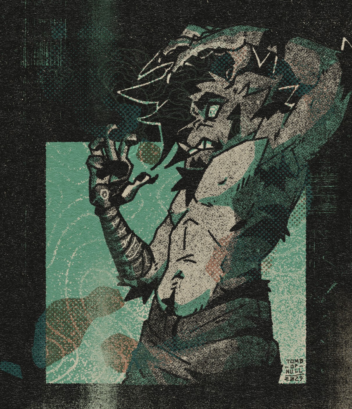 Waist-up illustration of a feline character, arms raised as to preform a kind of magic. Their expression is intensely focused. Around him abstract forms begin to manifest.