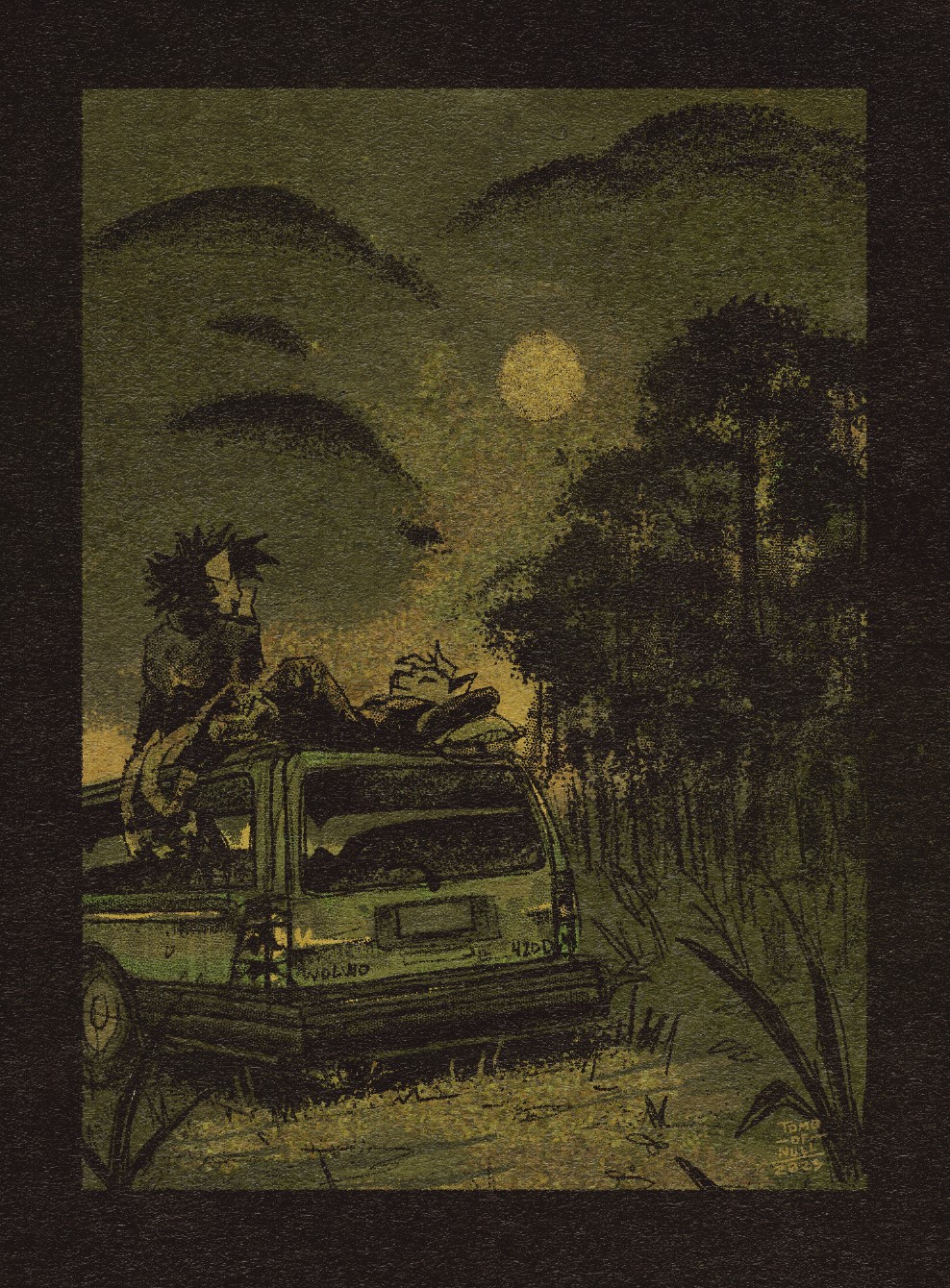 An illustration featuring a car parked by a forest’s edge. On the roof of the car sit two figures, one laying on their back and the other sitting up, both gazing at the sky and the sun sets out of frame. Next to the towering loblolly is a moon nestled behind the blanket of clouds.
