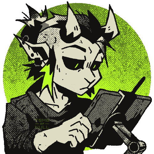 A looping animation of a demon character drawing on a small tablet. They seem very focused on their task.
