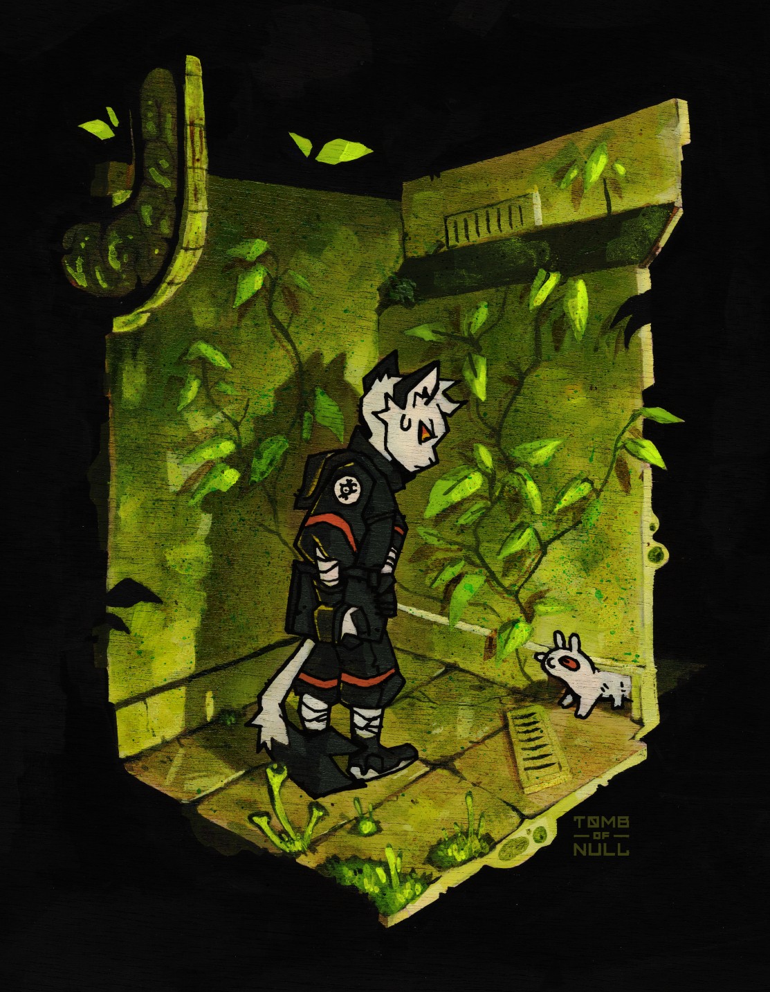 A painting on wood board of an anthro rodent-feline in an industrial room overgrown with odd foliage looking at a small weird creature emerging from a busted air vent.