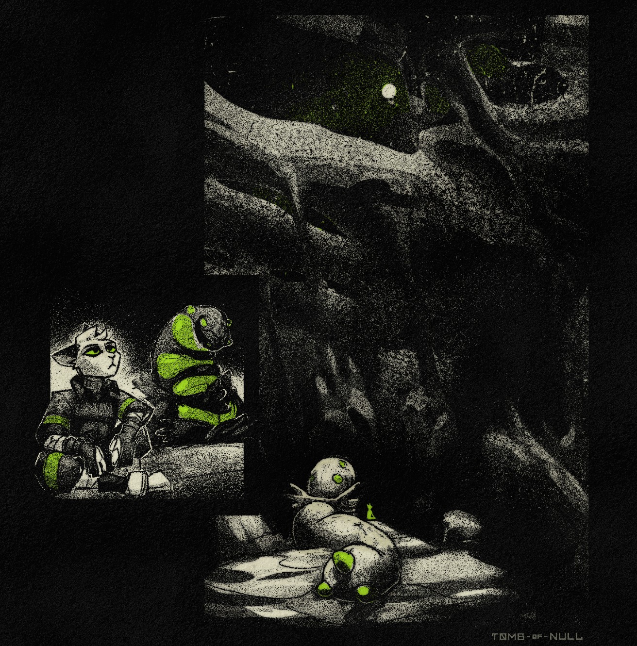 Illustration comic-ish artwork. In a small side panel is an anthro feline-rodent sat next to a dormant bug biomech, gazing up. The other panel is a wide shot with the two in the foreground. Over and beyond is the massive cavern they are in, whose ceiling has gashes that reveal a starlit night sky. 