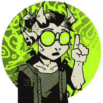 A looping animation of a demon character wearing round, nerdy glasses facing the viewer and talking with a sort of neutral 'well actually' sort of expression to them.