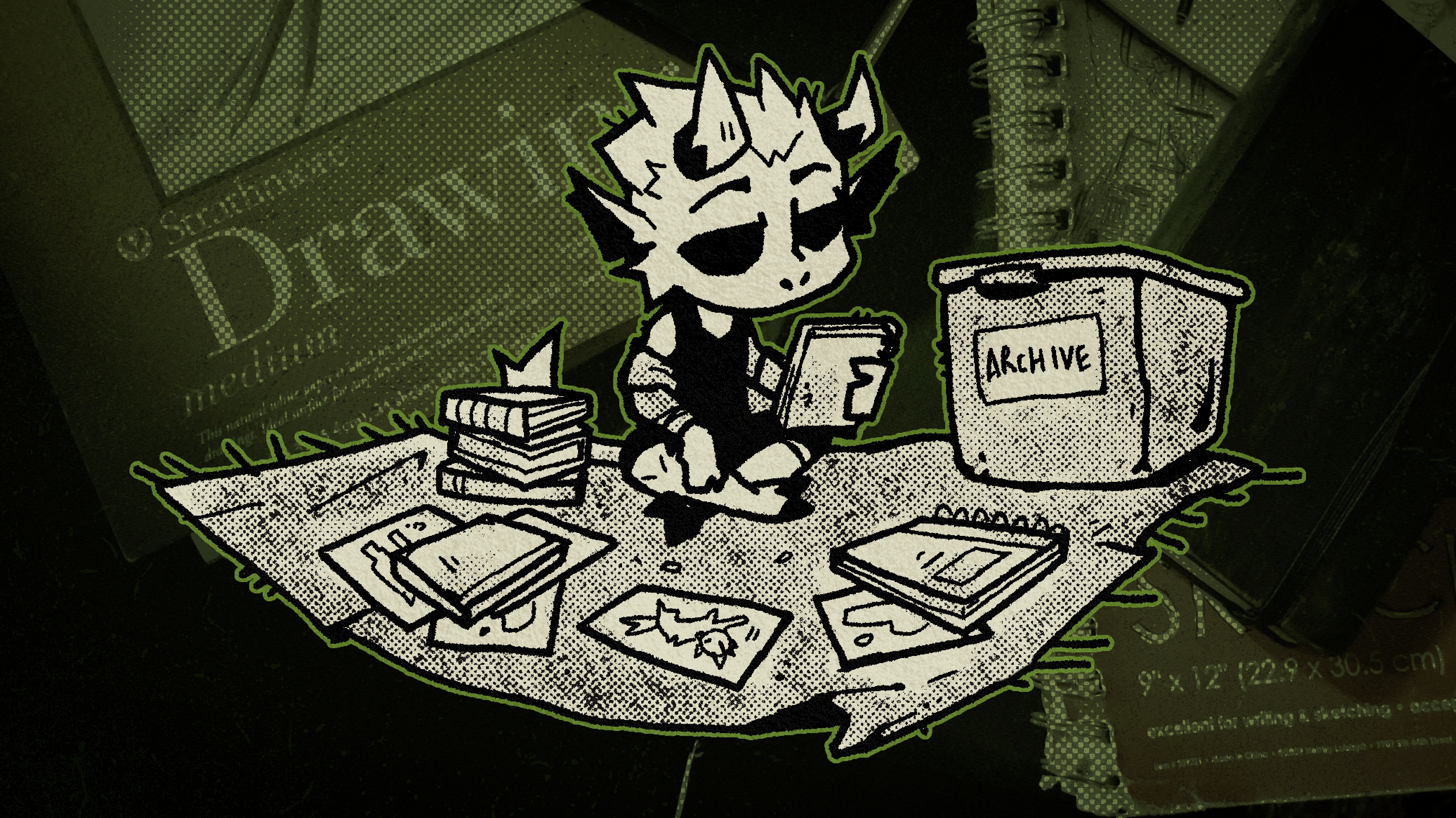 A sketch of a little demon monkey thing looking over stacks of old sketchbooks to put in a storage bin. They are contemplative.